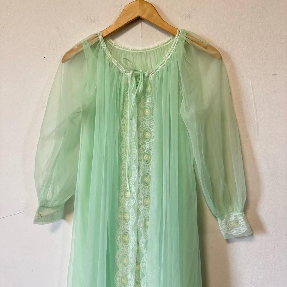 Vintage 50s Peignoir Set Mint Green Nighty Robe Lace Sheer Retro Small Medium - Picture 4 of 16